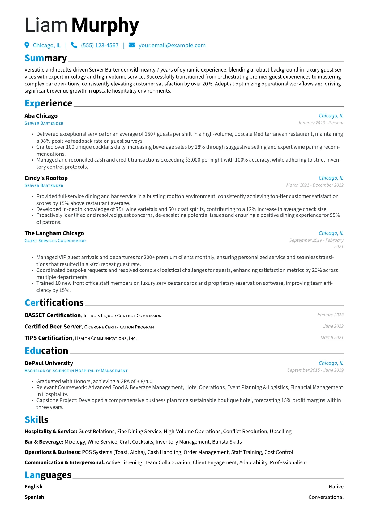 Server Bartender resume example, Career changer, page 1