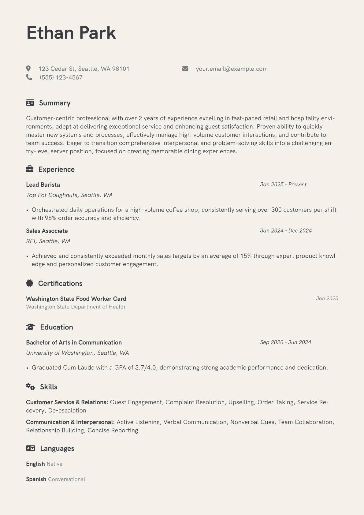 Server No Experience resume example, Server No Experience, page 1