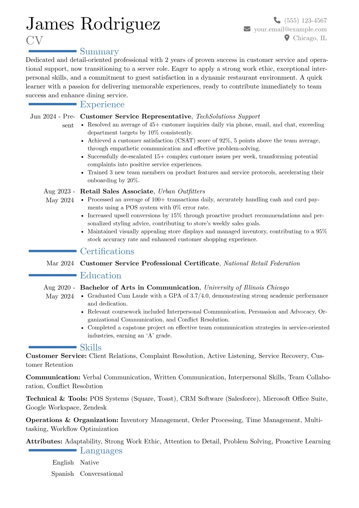 Server No Experience resume example, Career changer, page 1