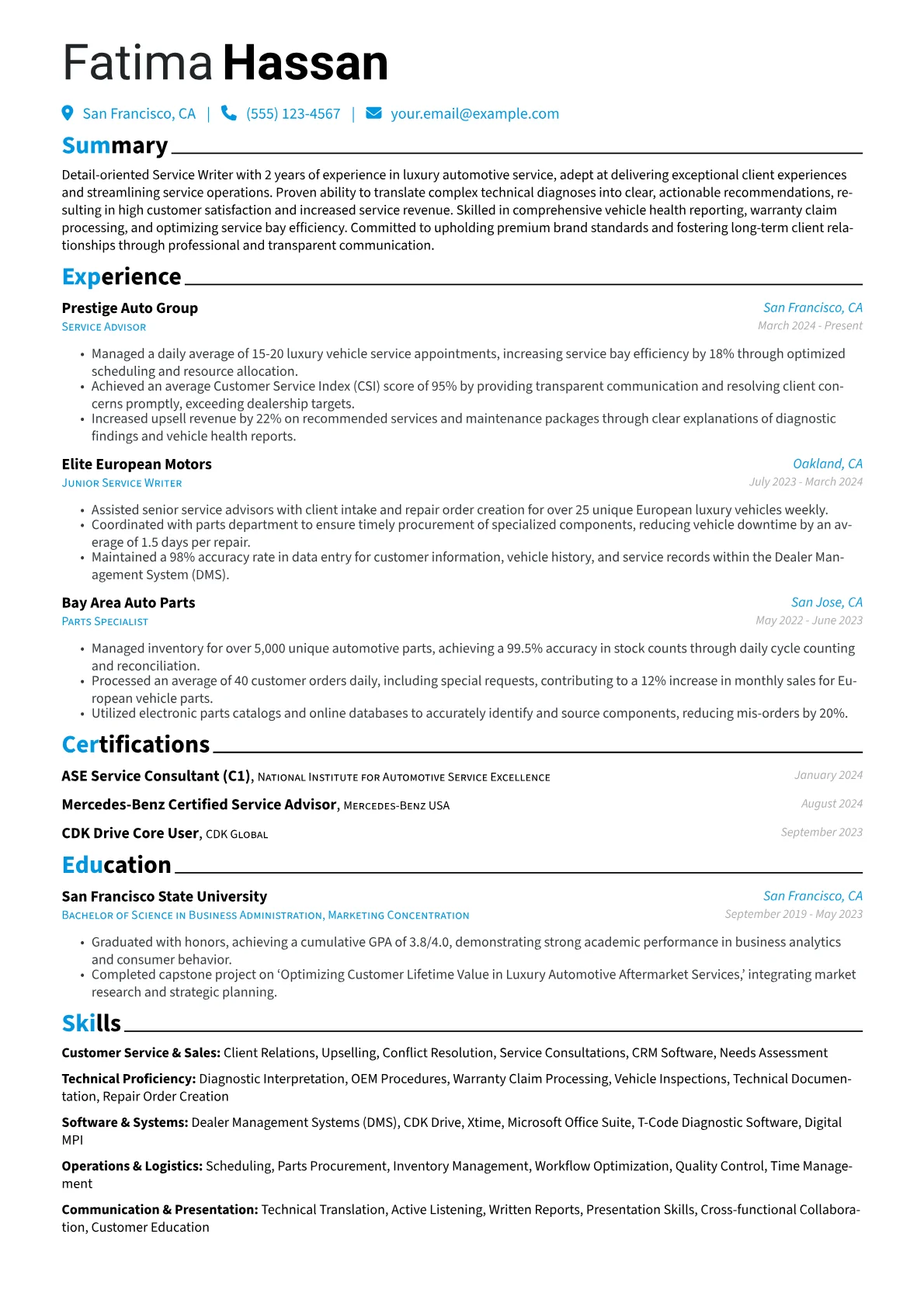 Service Writer resume example, Luxury Dealership, page 1