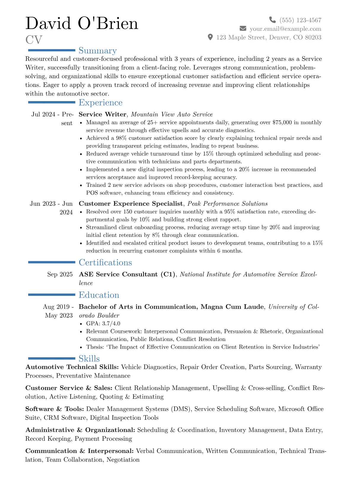 Service Writer resume example, Career changer, page 1