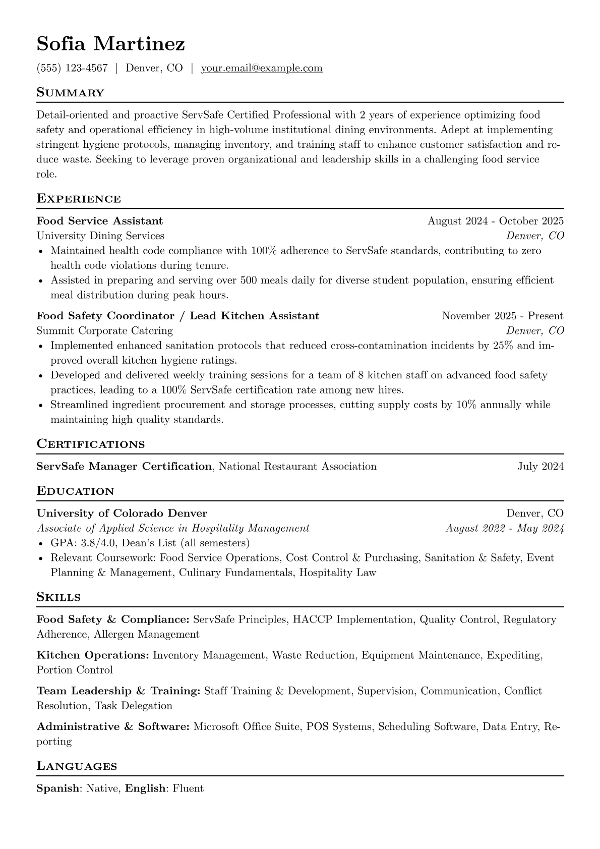 ServSafe Certified Professional resume example, ServSafe Professional, page 1