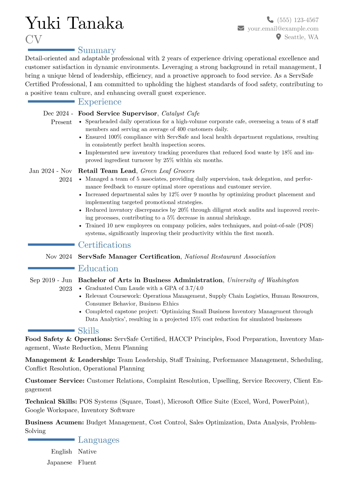 ServSafe Certified Professional resume example, Career changer, page 1