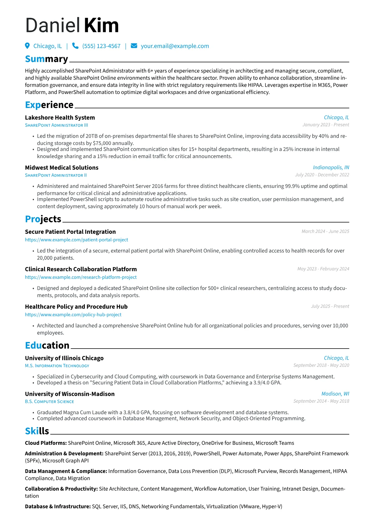 SharePoint Administrator resume example, Healthcare Compliance, page 1