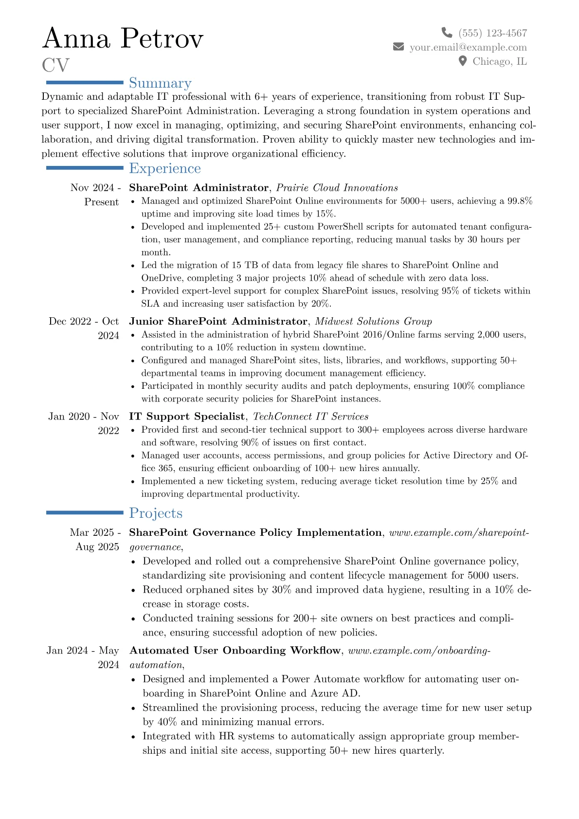 SharePoint Administrator resume example, Career changer, page 1
