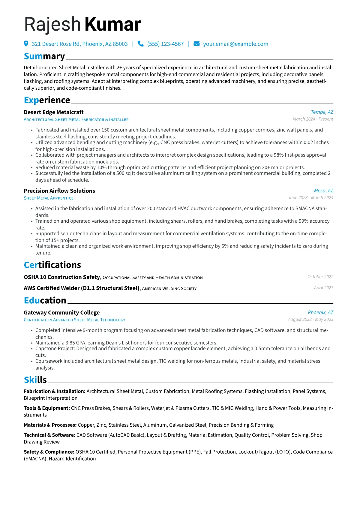 Sheet Metal Installer resume example, Sheet Metal Installer, page 1