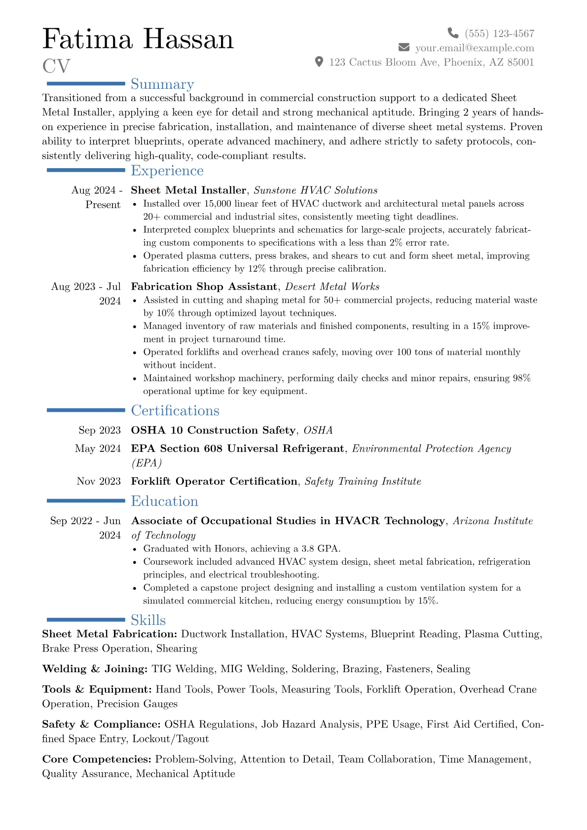 Sheet Metal Installer resume example, Career changer, page 1