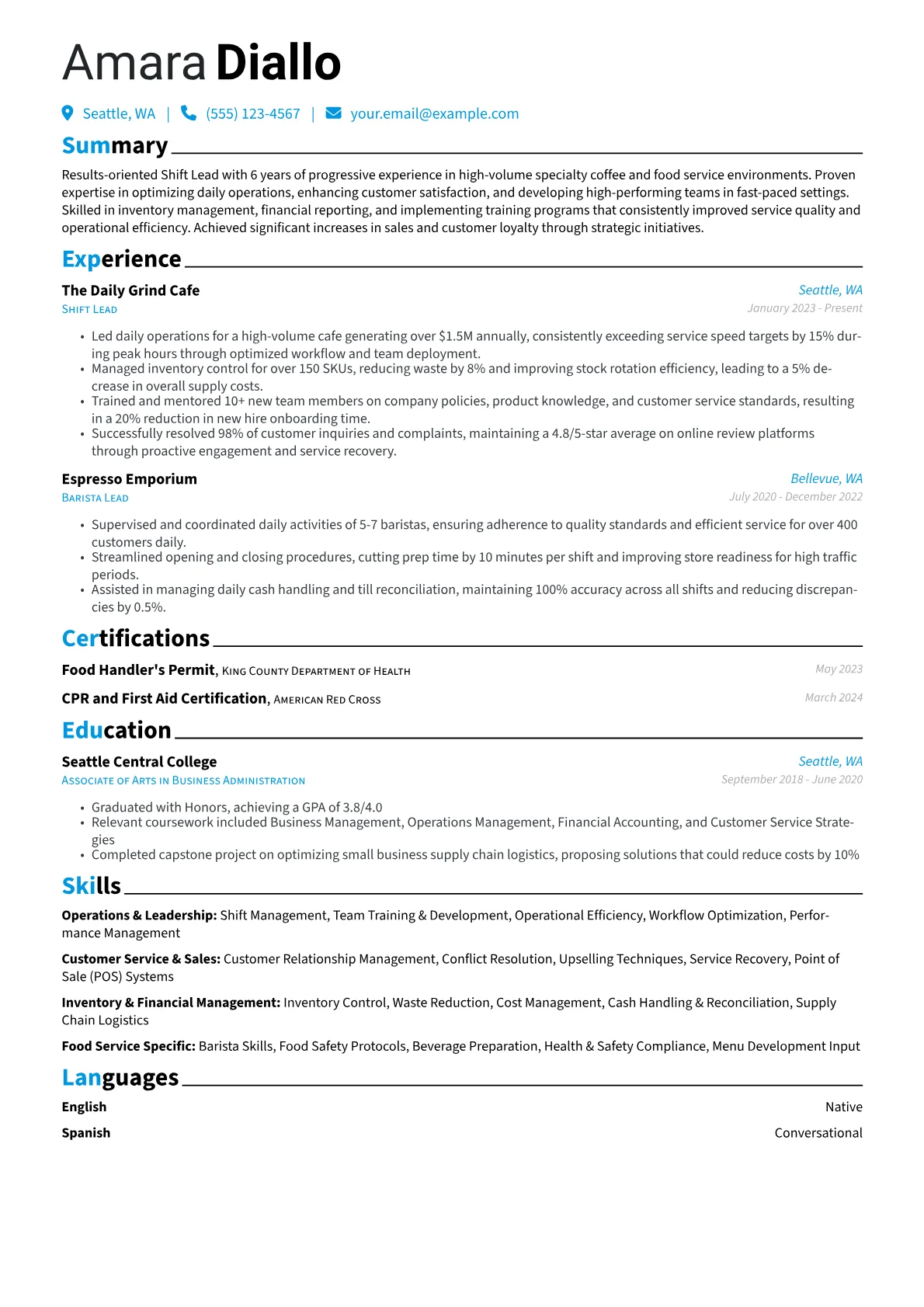 Shift Lead resume example, Shift Lead - High-Volume, page 1