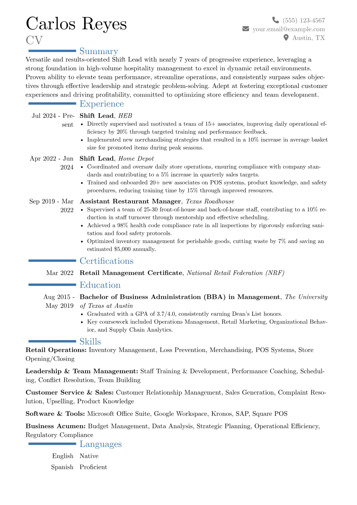 Shift Lead resume example, Career changer, page 1