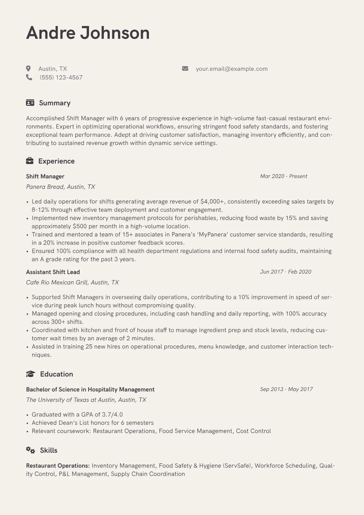 Food Service Shift Manager version - Page 1
