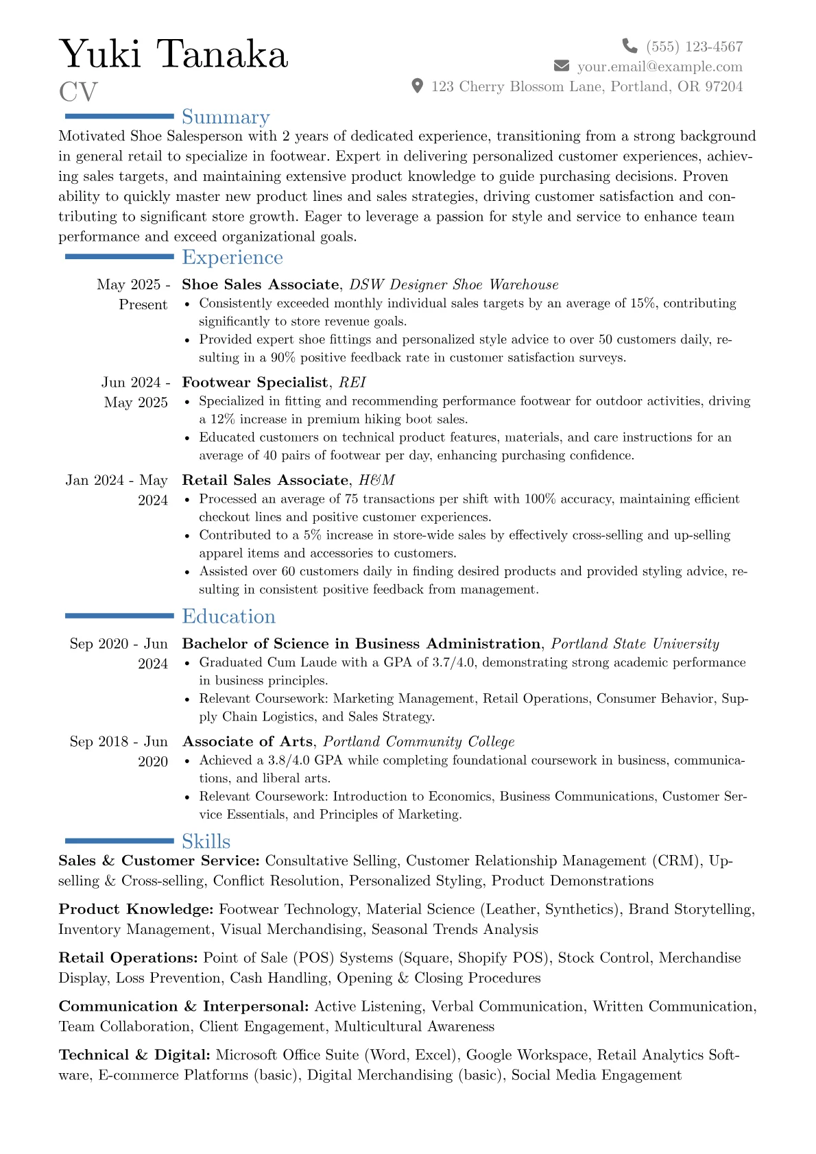Shoe Salesperson resume example, Career changer, page 1