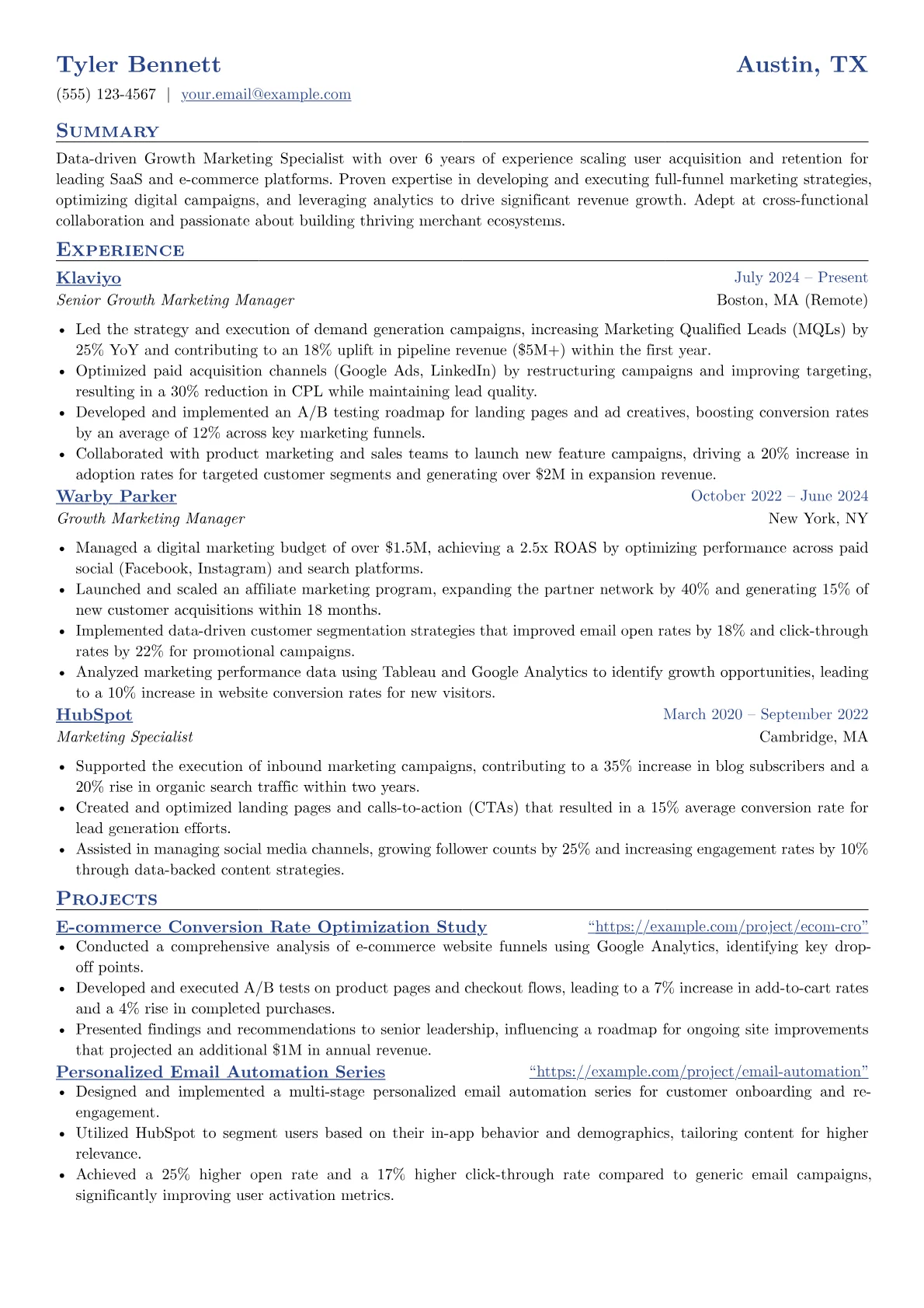 Shopify resume example, Digital Marketing, page 1