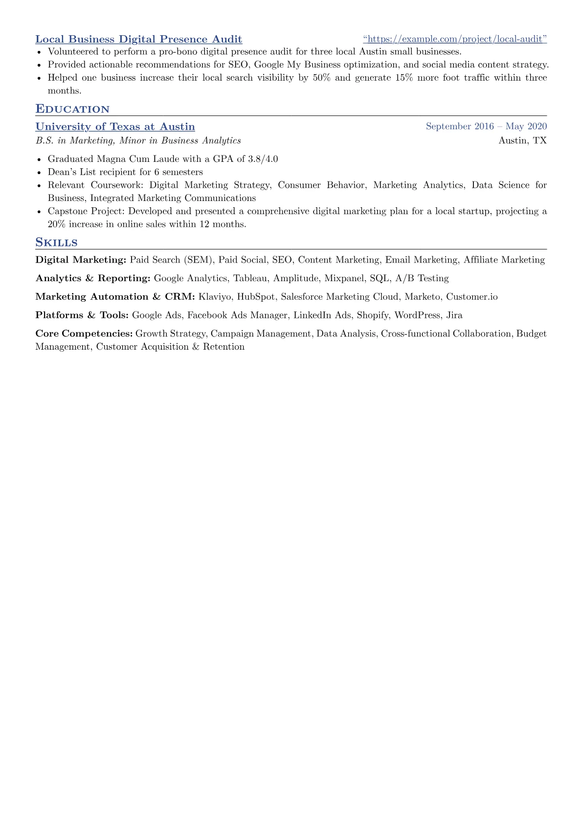 Shopify resume example, Digital Marketing, page 2