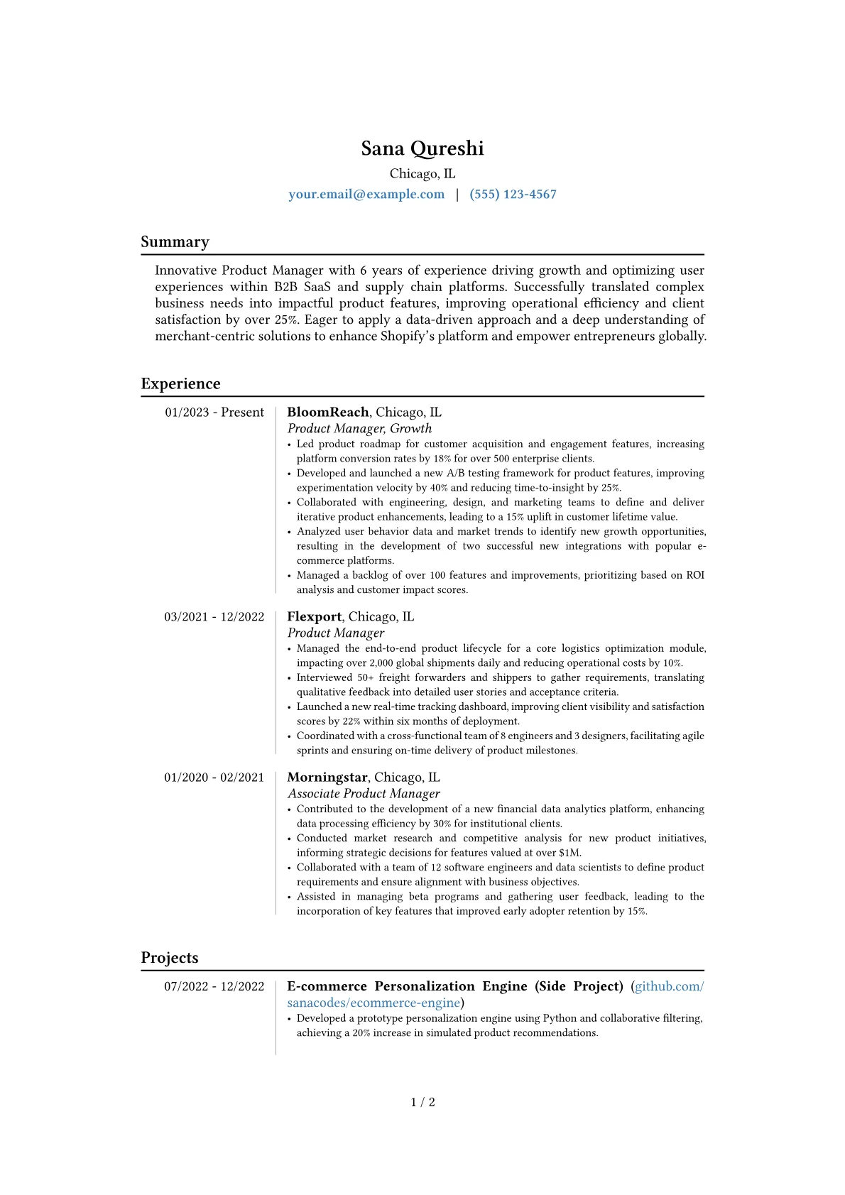 Shopify resume example, Career changer, page 1