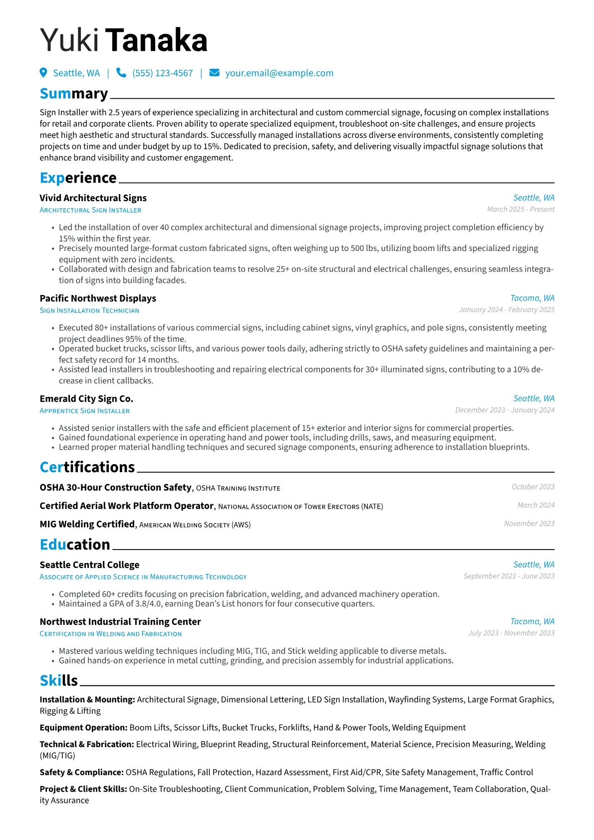 Sign Installer resume example, Installation & Mounting, page 1