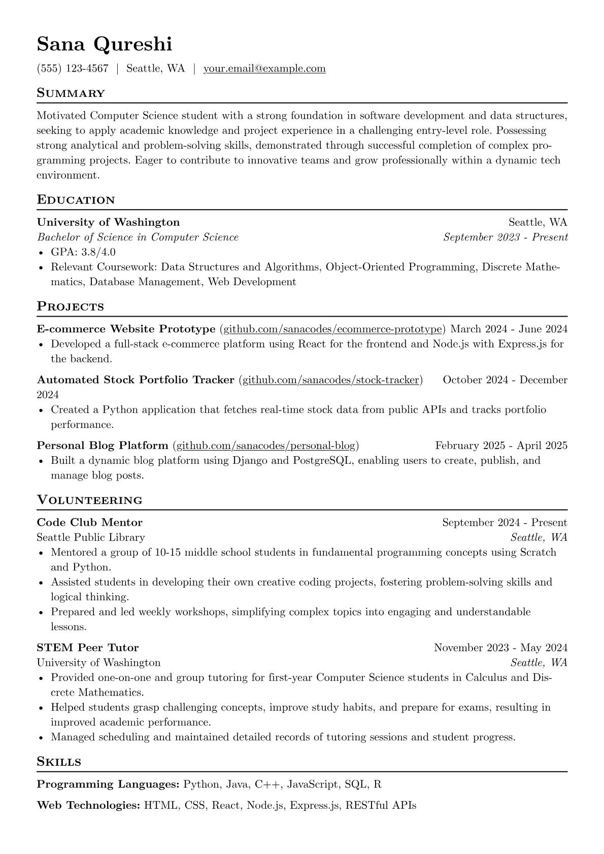 Simple Resume for Students Example resume example, Programming Languages, page 1