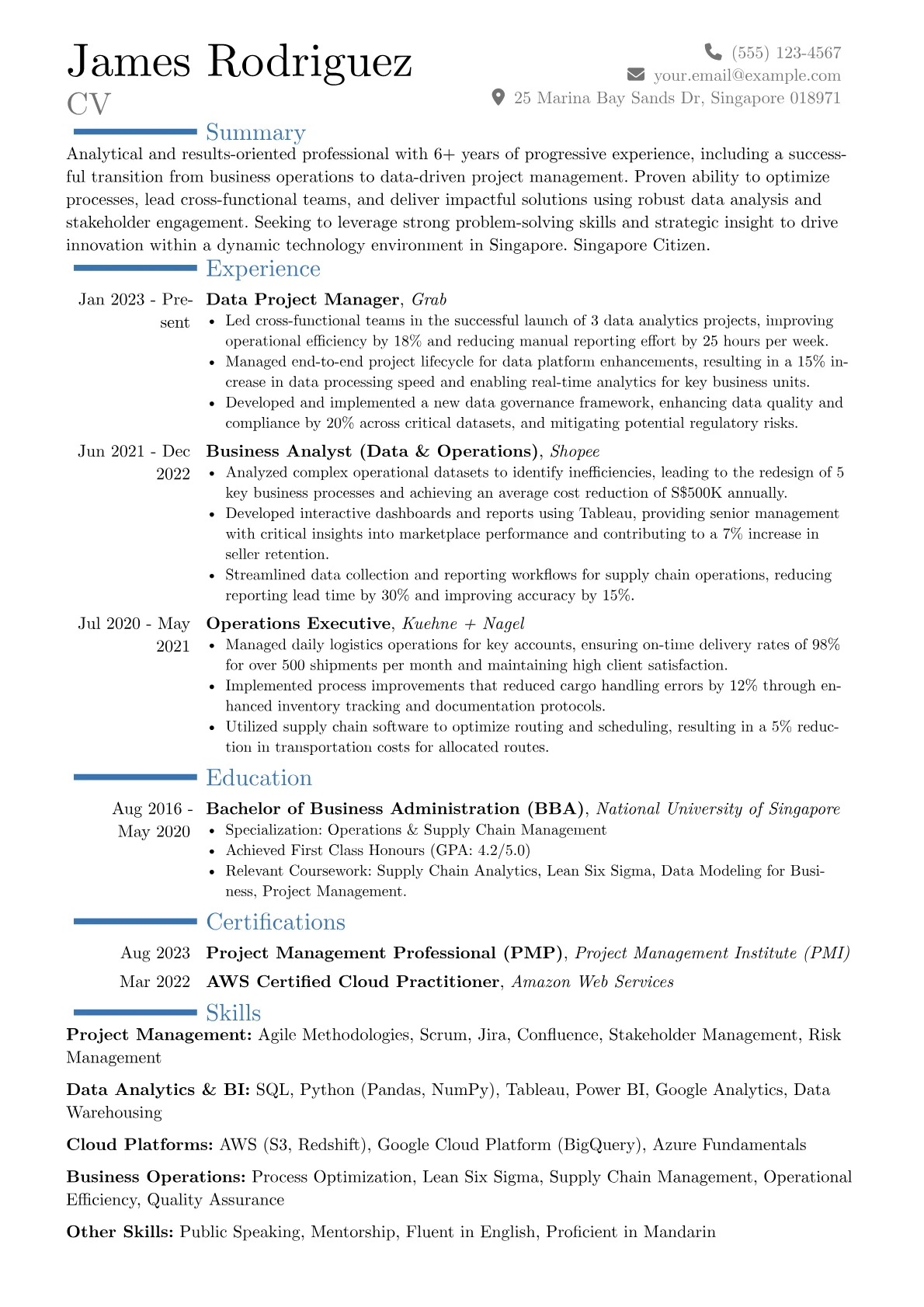 Singapore resume example, Career changer, page 1