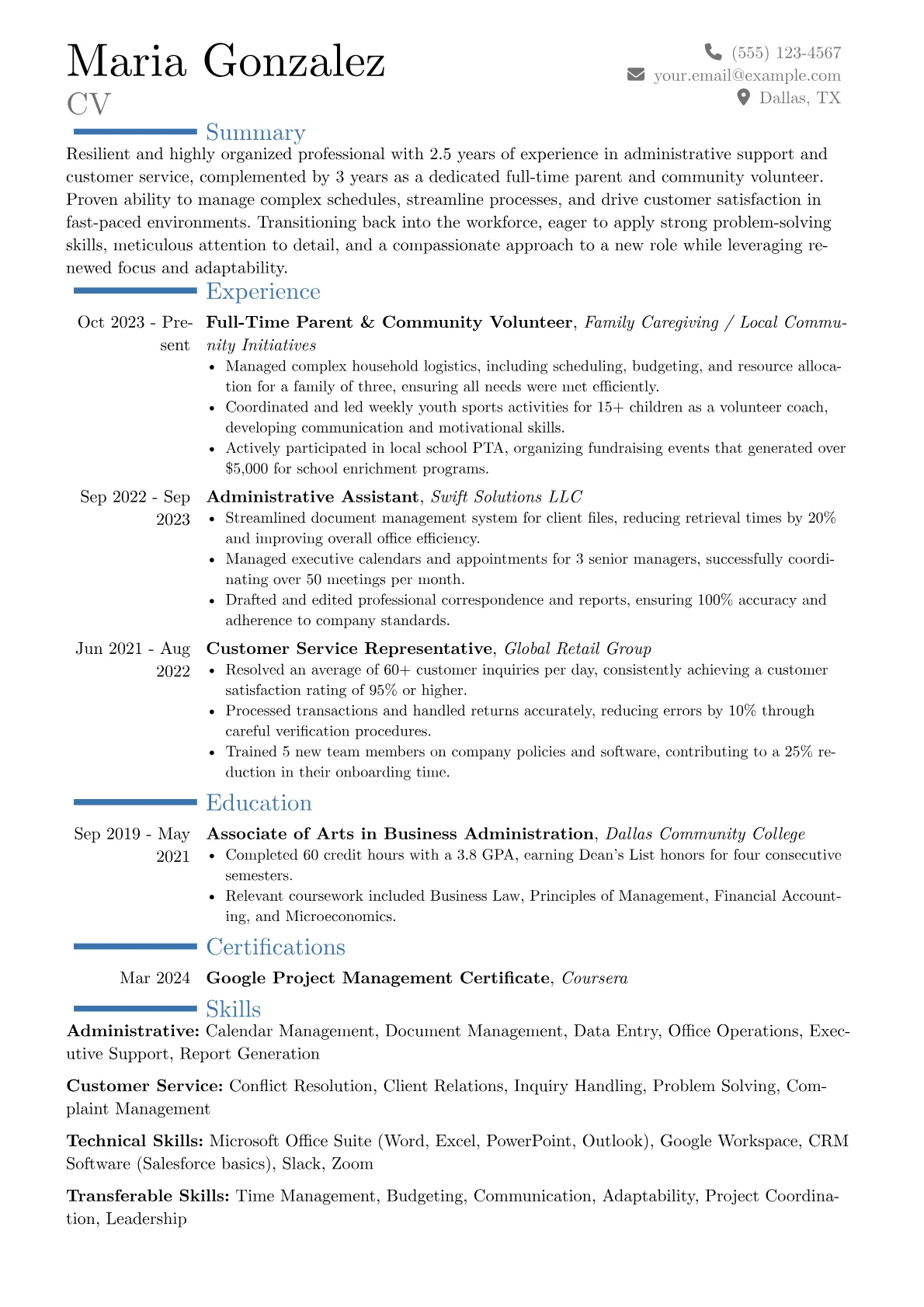Single Mom resume example, Career changer, page 1