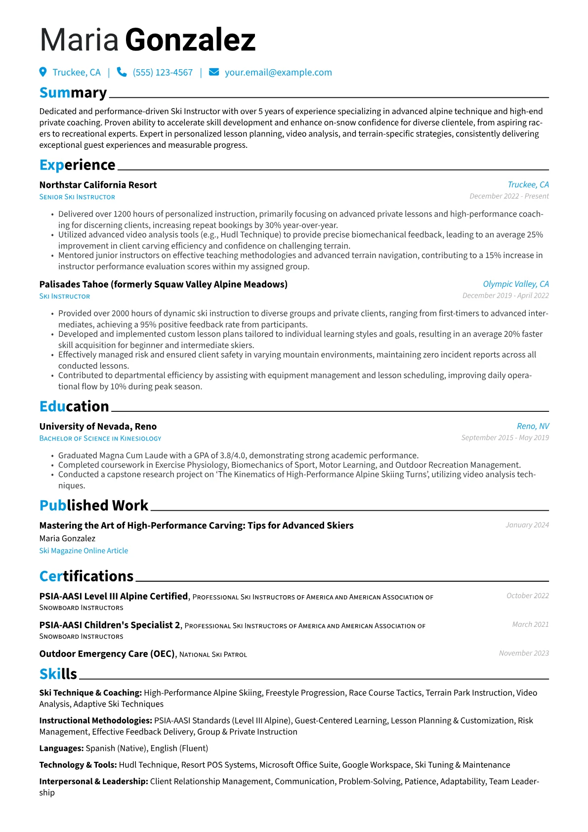 Ski Instructor resume example, High-Performance Alpine, page 1