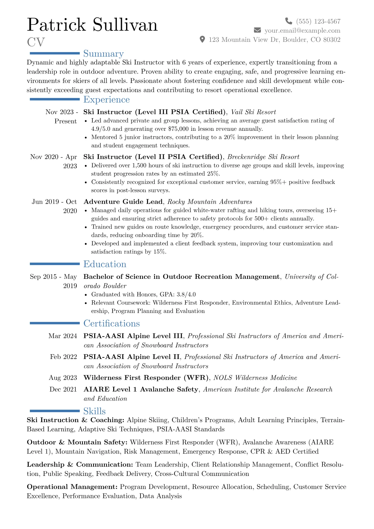Ski Instructor resume example, Career changer, page 1