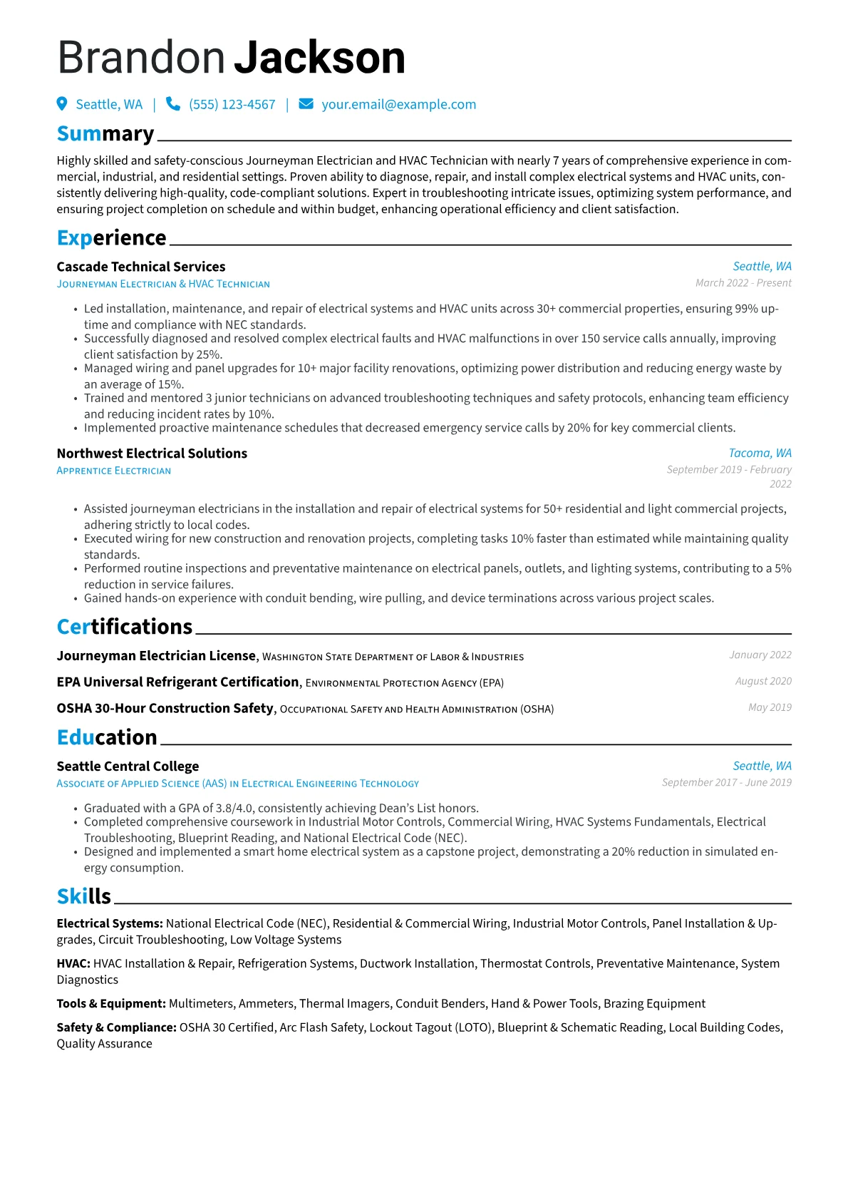 Skilled Trades resume example, Skilled Trades, page 1