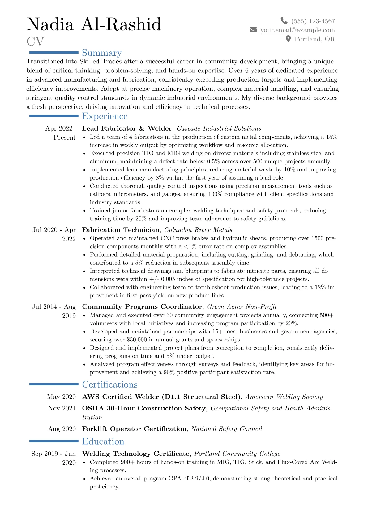 Skilled Trades resume example, Career changer, page 1