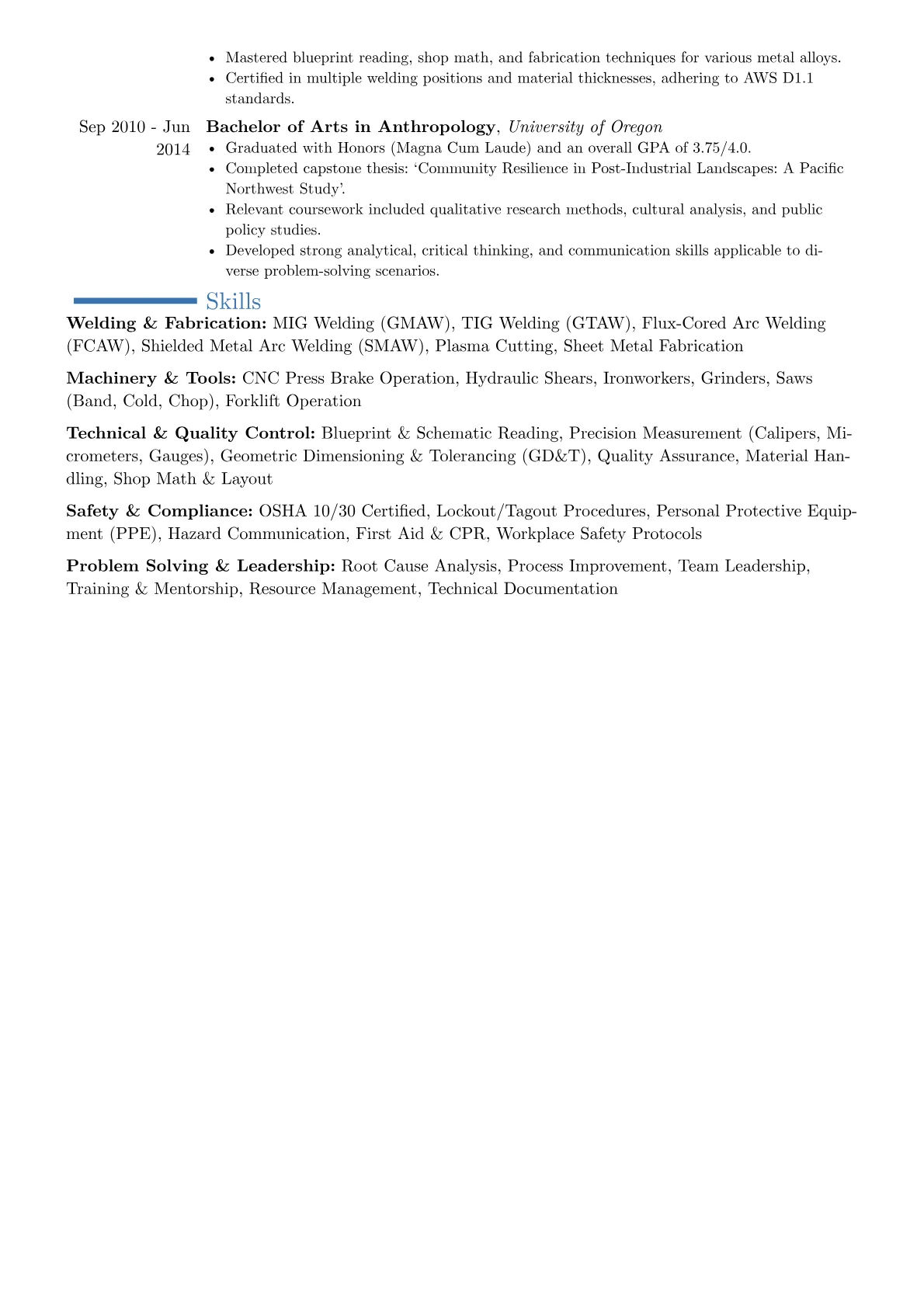 Skilled Trades resume example, Career changer, page 2