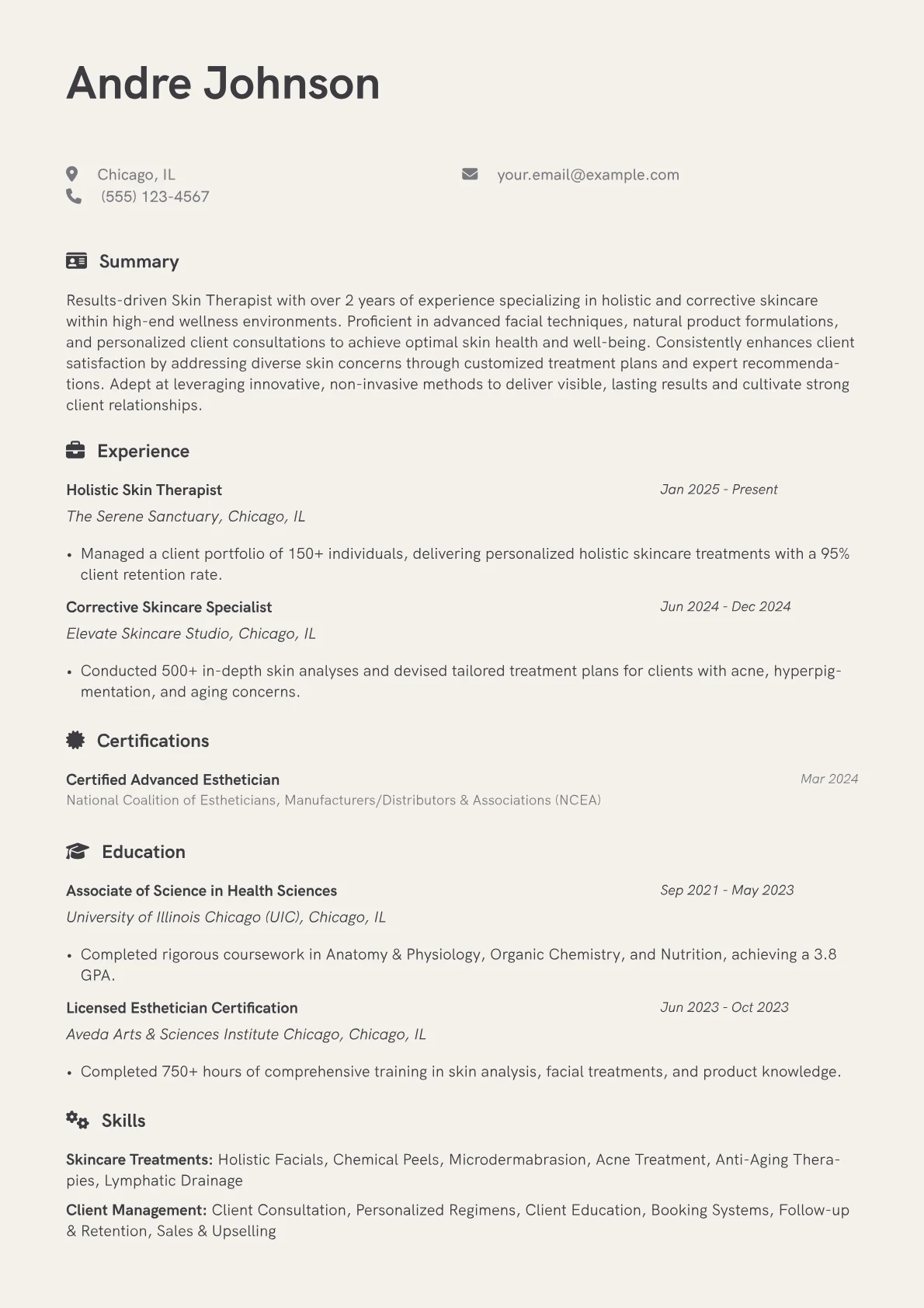 Skin Therapist resume example, Holistic & Corrective, page 1