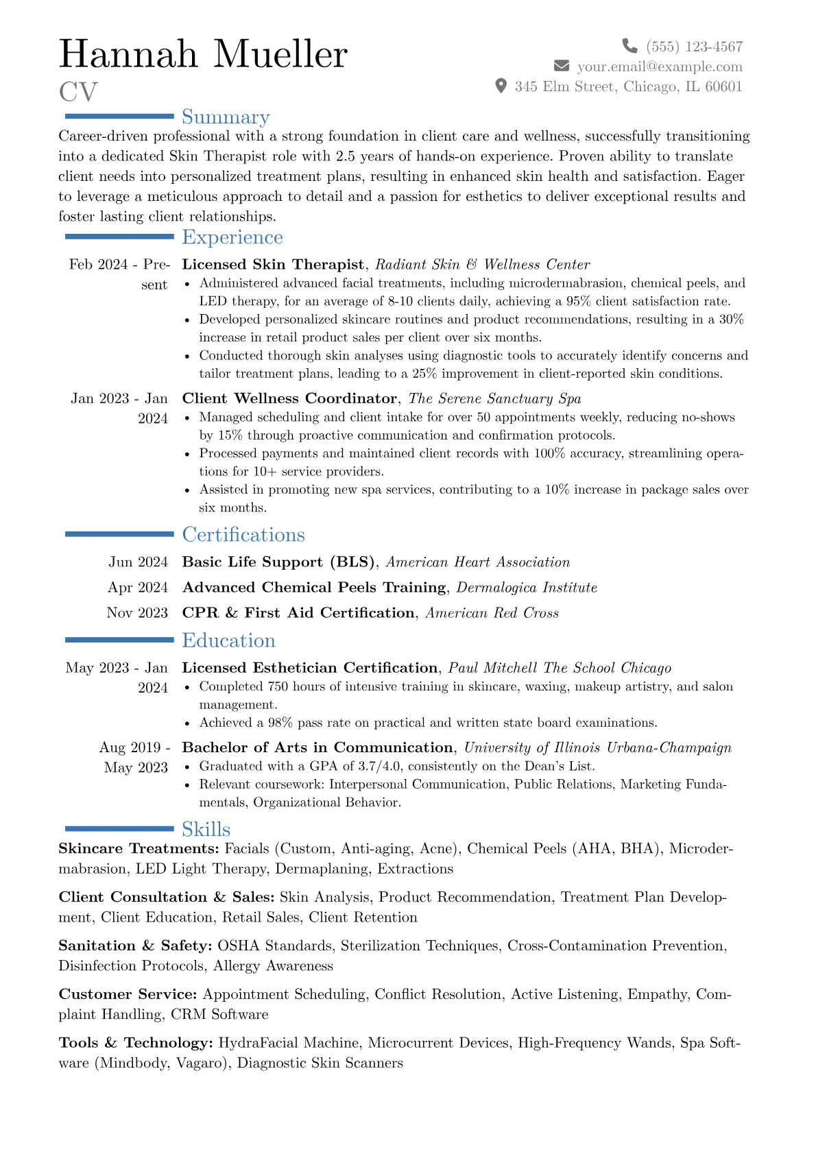 Skin Therapist resume example, Career changer, page 1