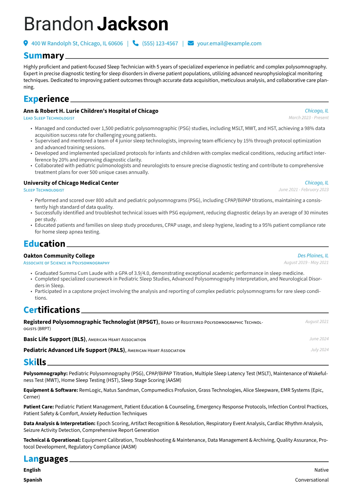 Sleep Technician resume example, Pediatric & Complex Case, page 1
