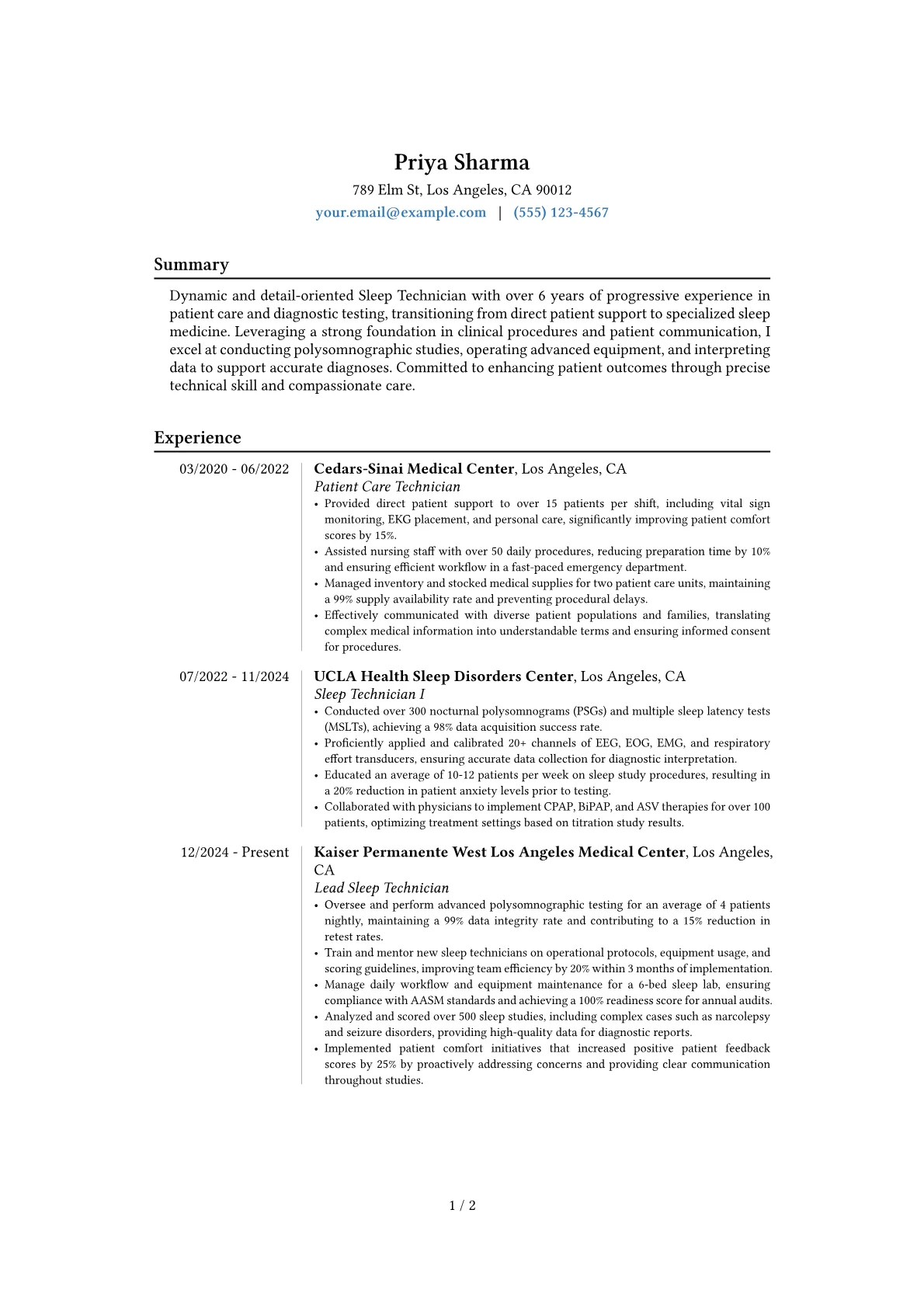 Sleep Technician resume example, Career changer, page 1