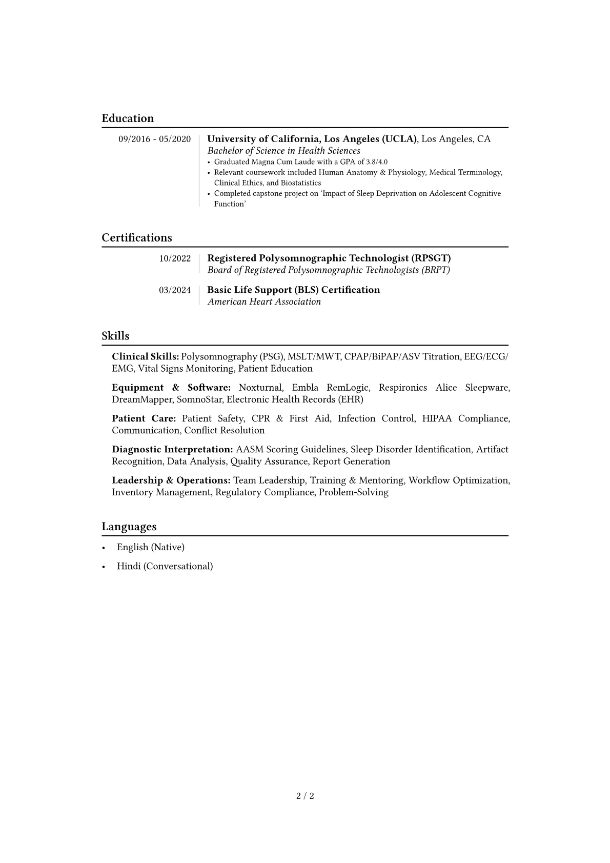Sleep Technician resume example, Career changer, page 2