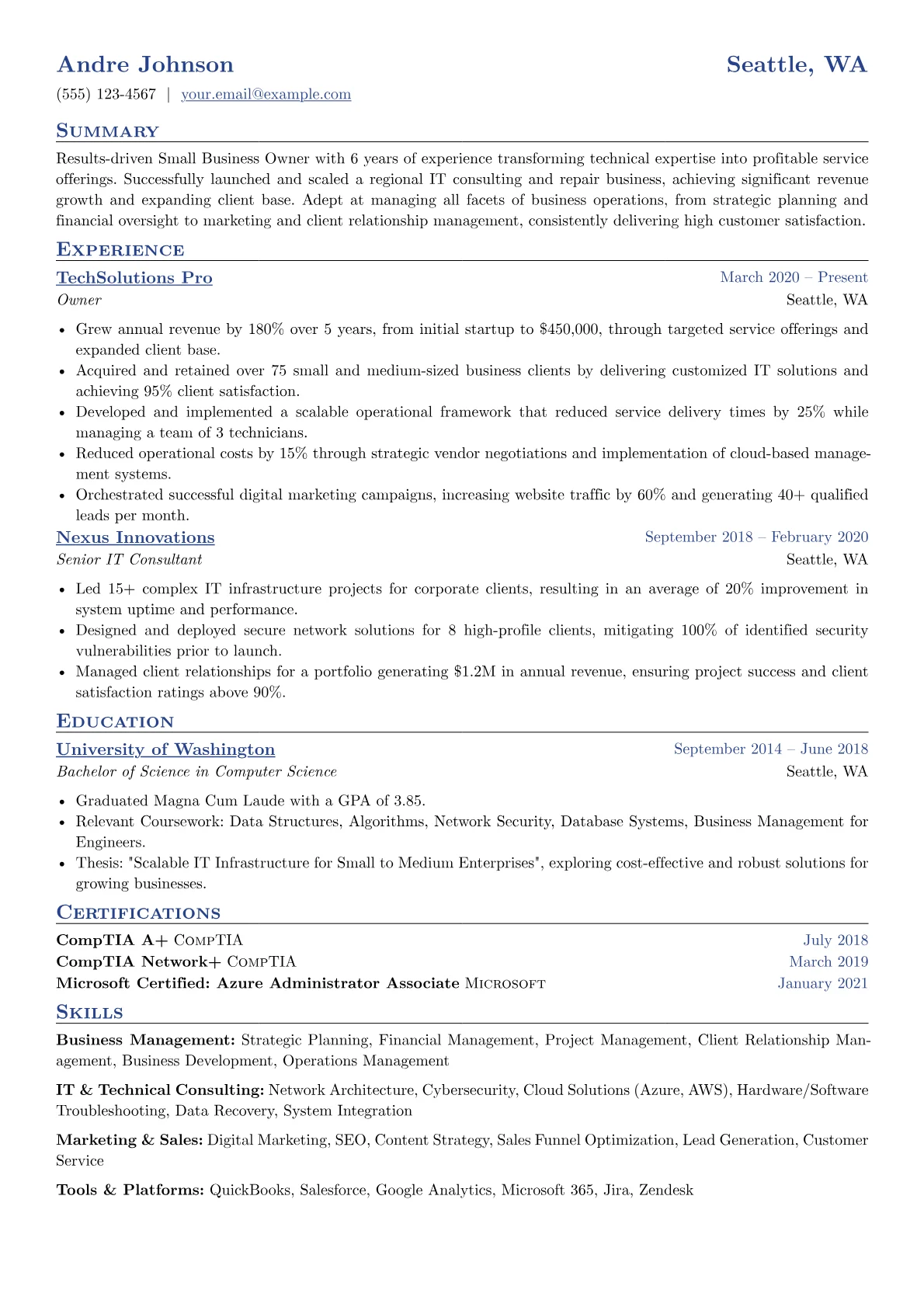 Small Business Owner resume example, Small Business Owner, page 1
