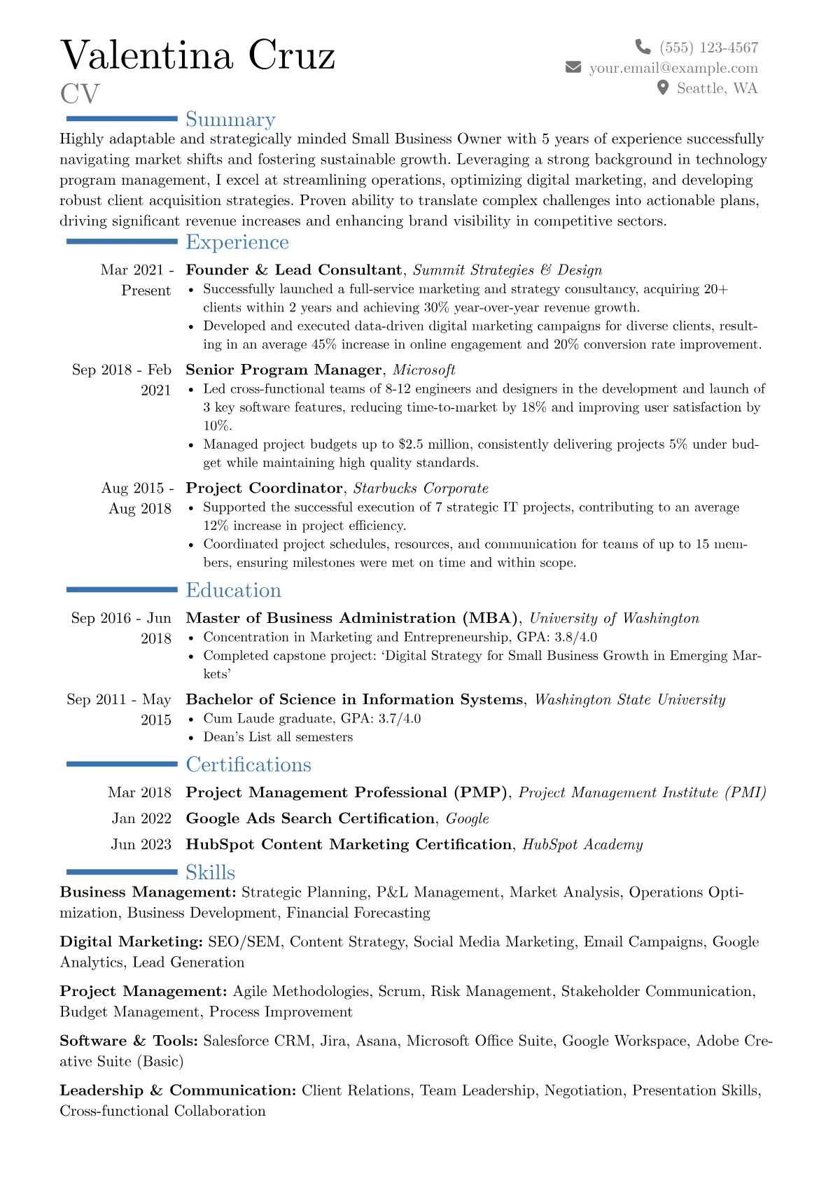 Small Business Owner resume example, Career changer, page 1