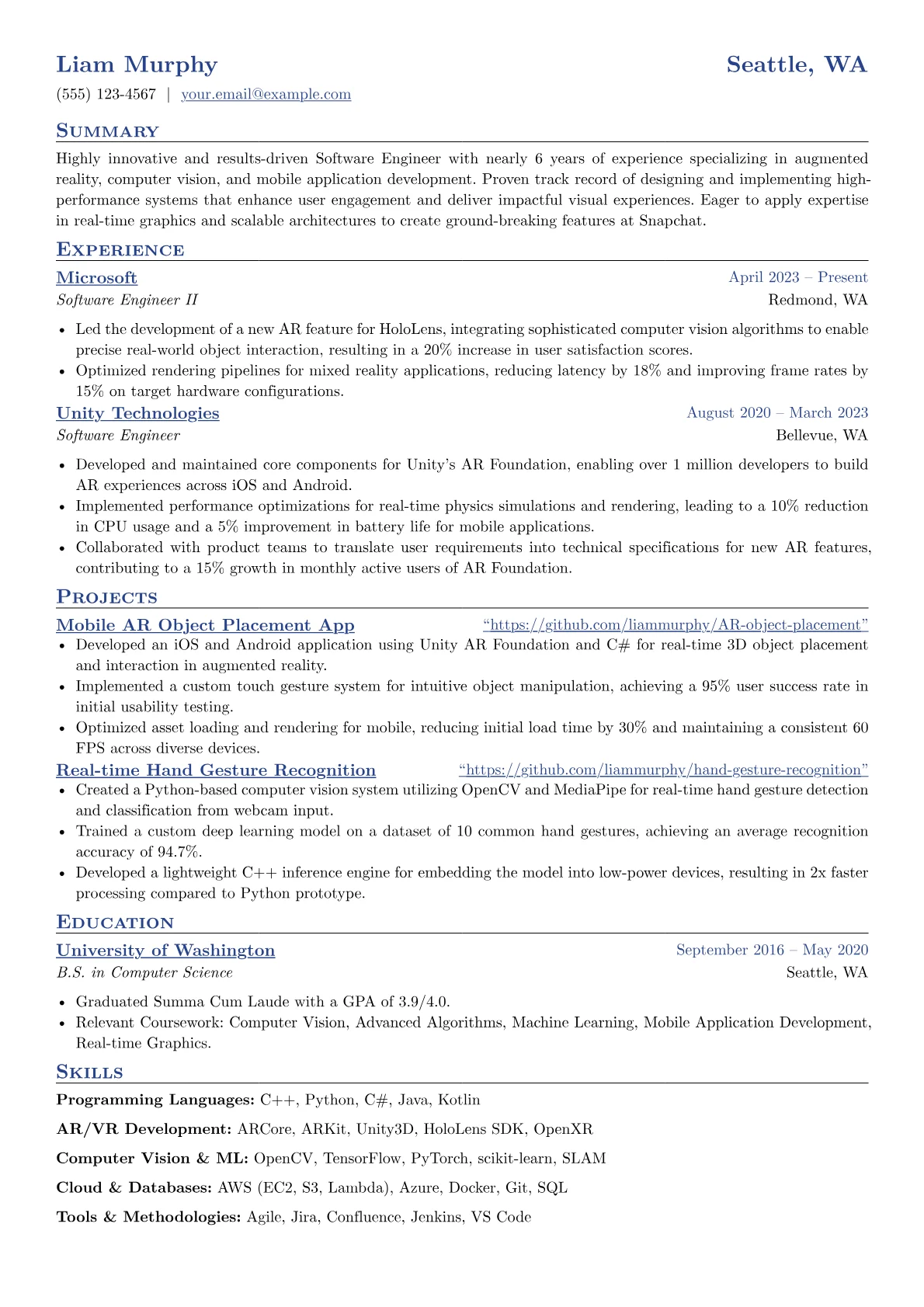 Snapchat resume example, Software Engineer, page 1