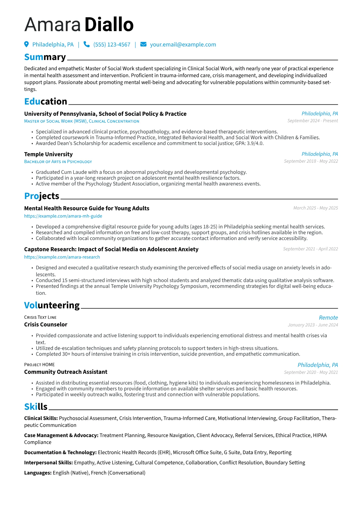 Social Work Student resume example, Mental Health Social Work, page 1