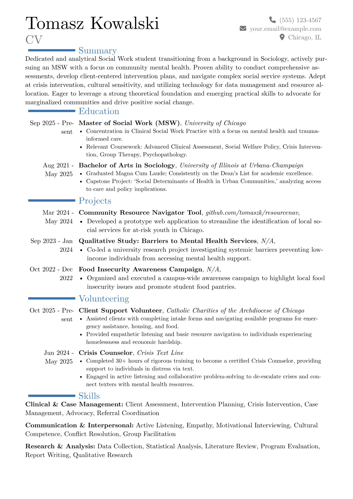 Social Work Student resume example, Career changer, page 1