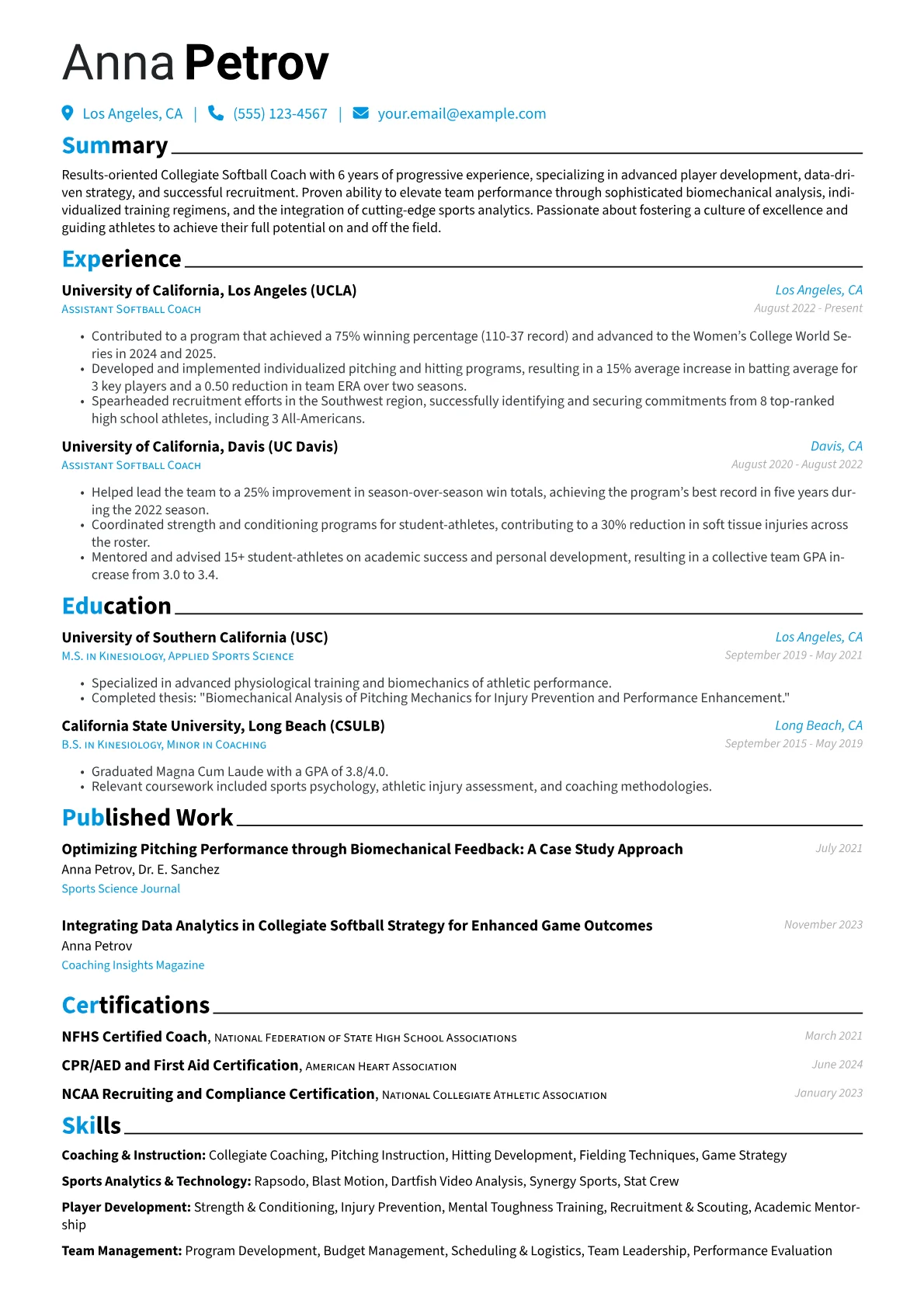 Softball Coach resume example, Coaching & Instruction, page 1