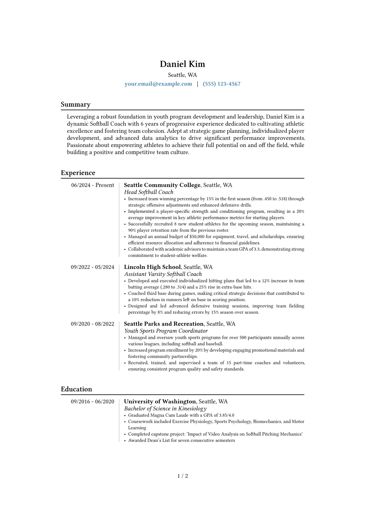 Softball Coach resume example, Career changer, page 1