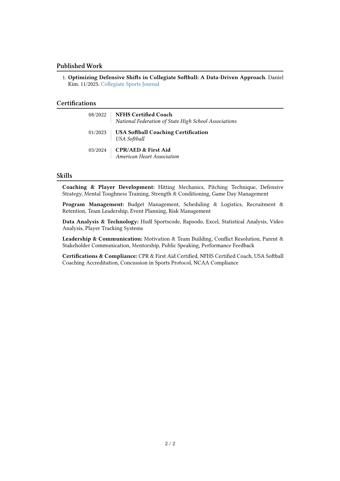Softball Coach resume example, Career changer, page 2