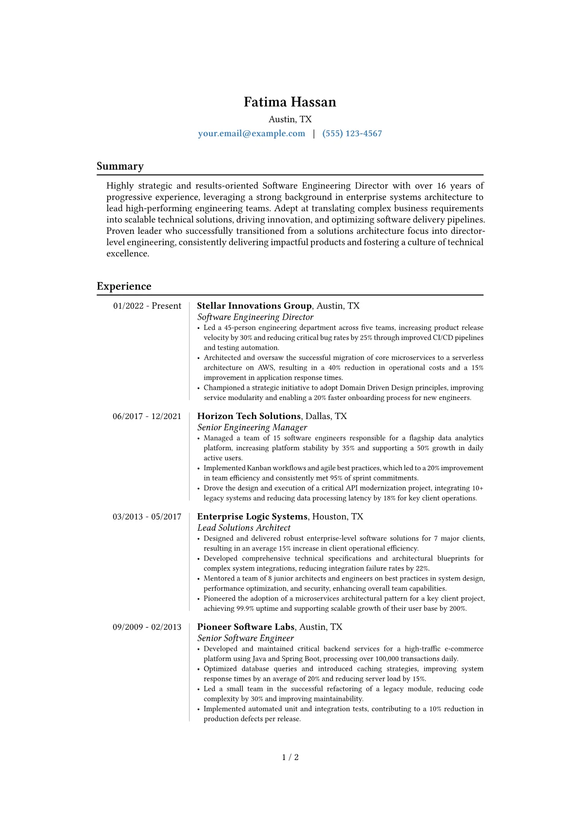 Software Engineering Director resume example, Career changer, page 1