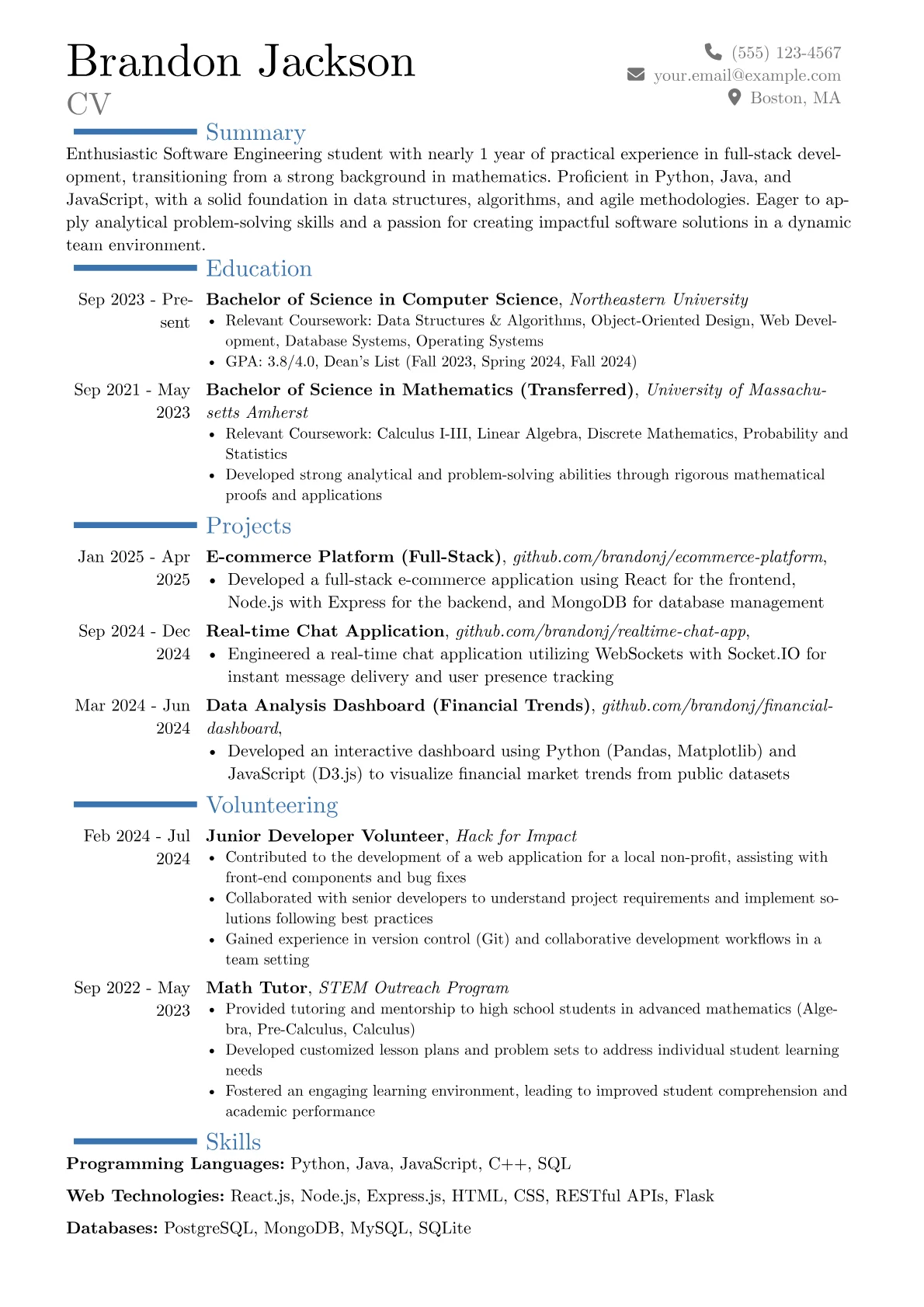 Software Engineering Student resume example, Career changer, page 1