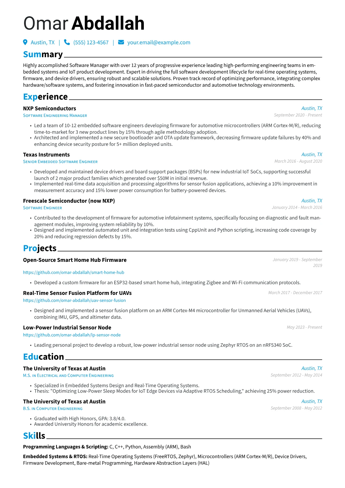 Software Manager resume example, Embedded Systems & IoT, page 1