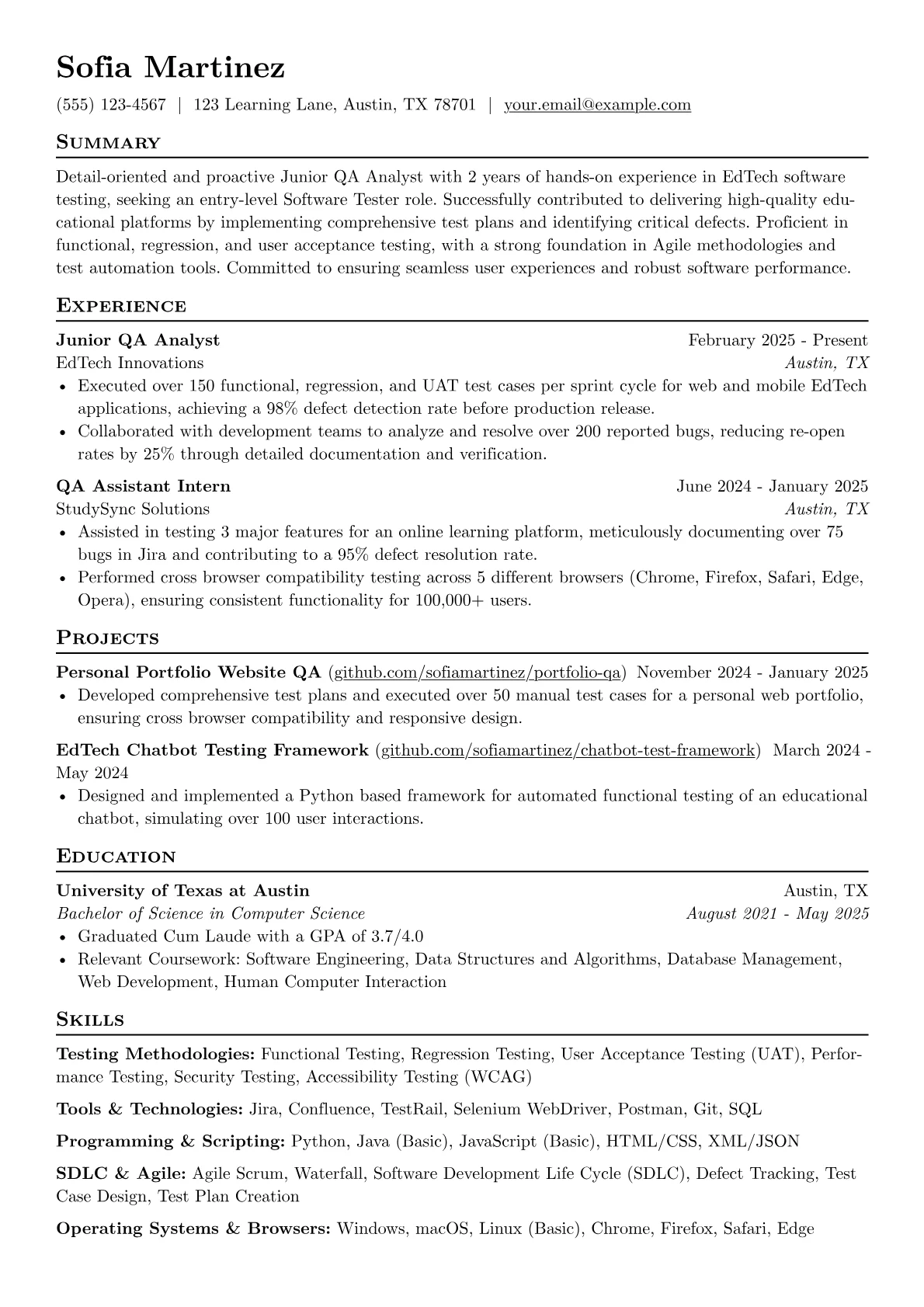 Software Tester With No Experience resume example, Software Tester - EdTech, page 1