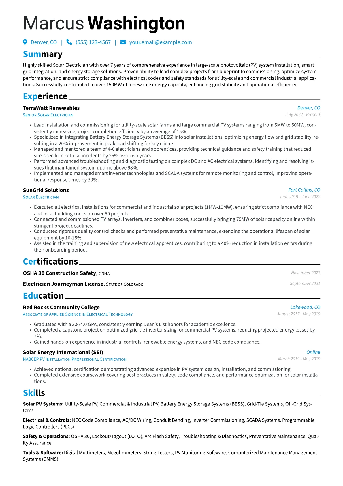 Solar Electrician resume example, Utility-Scale Solar, page 1