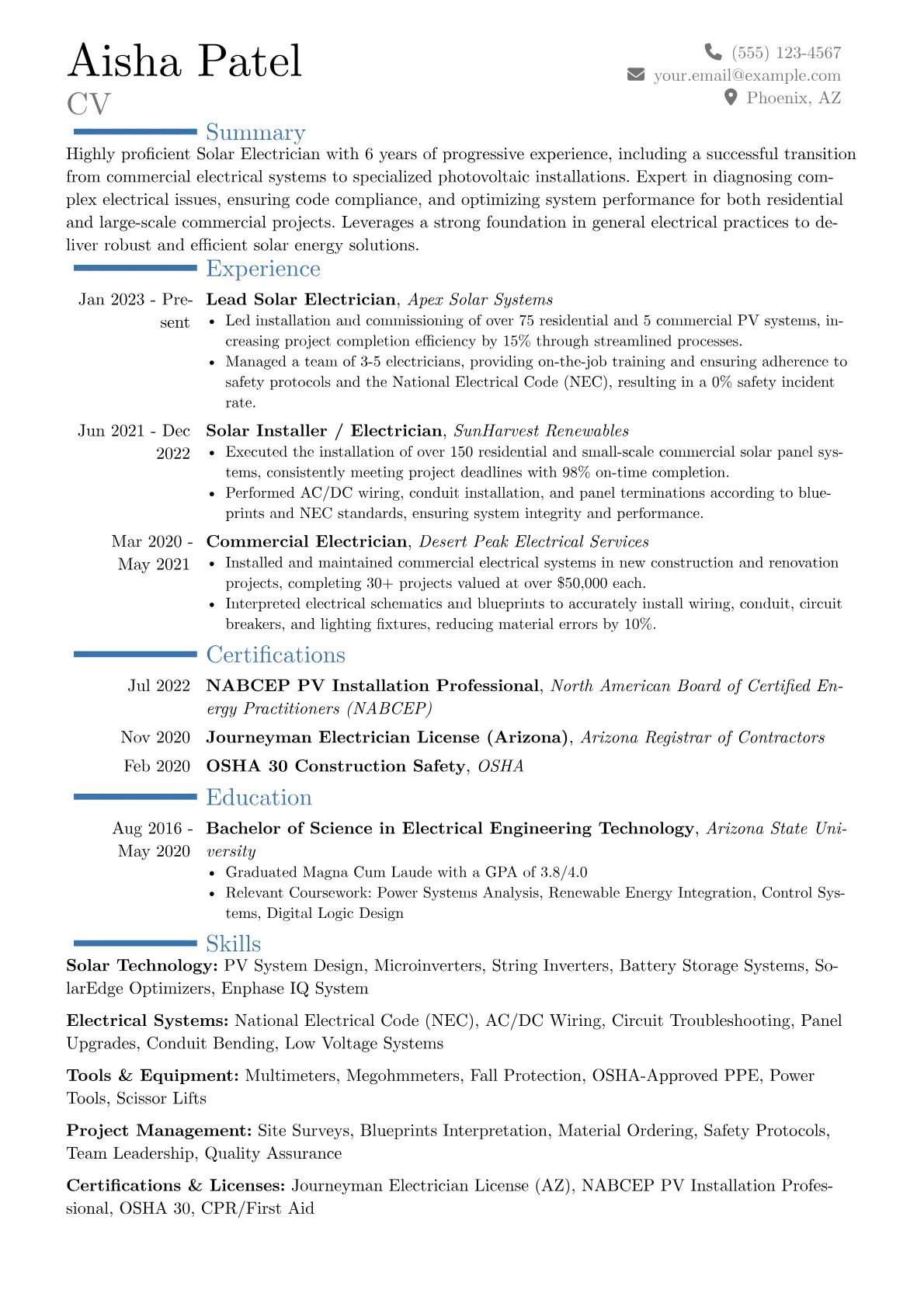 Solar Electrician resume example, Career changer, page 1
