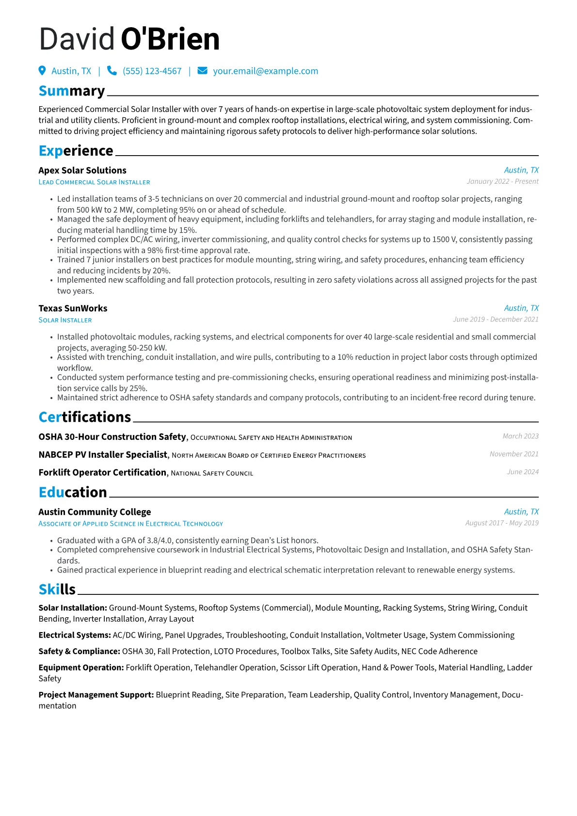 Solar Installer resume example, Commercial & Industrial, page 1