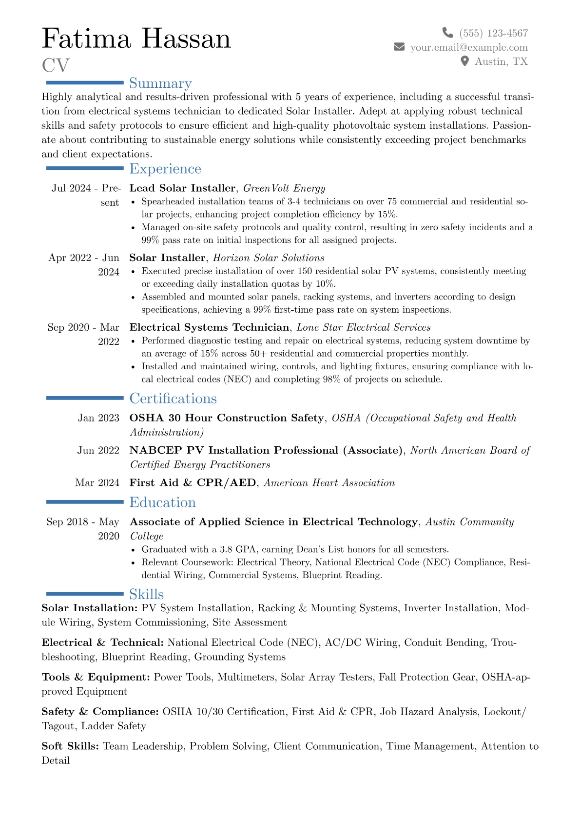 Solar Installer resume example, Career changer, page 1