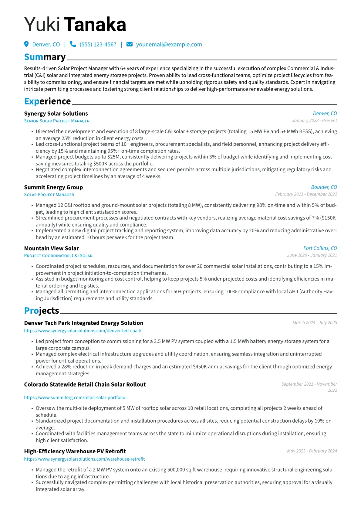 Solar Project Manager resume example, Project Management, page 1