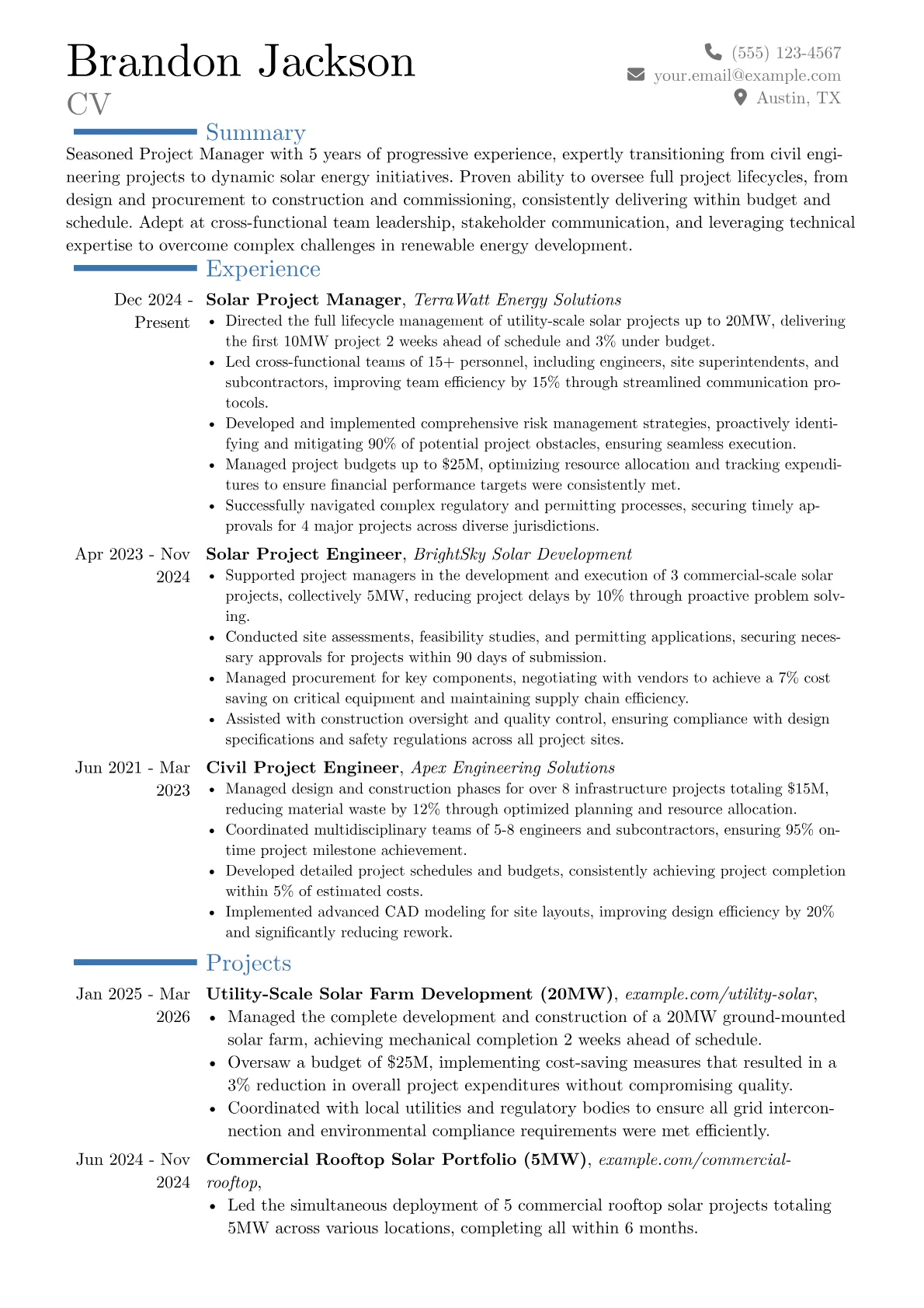 Solar Project Manager resume example, Career changer, page 1